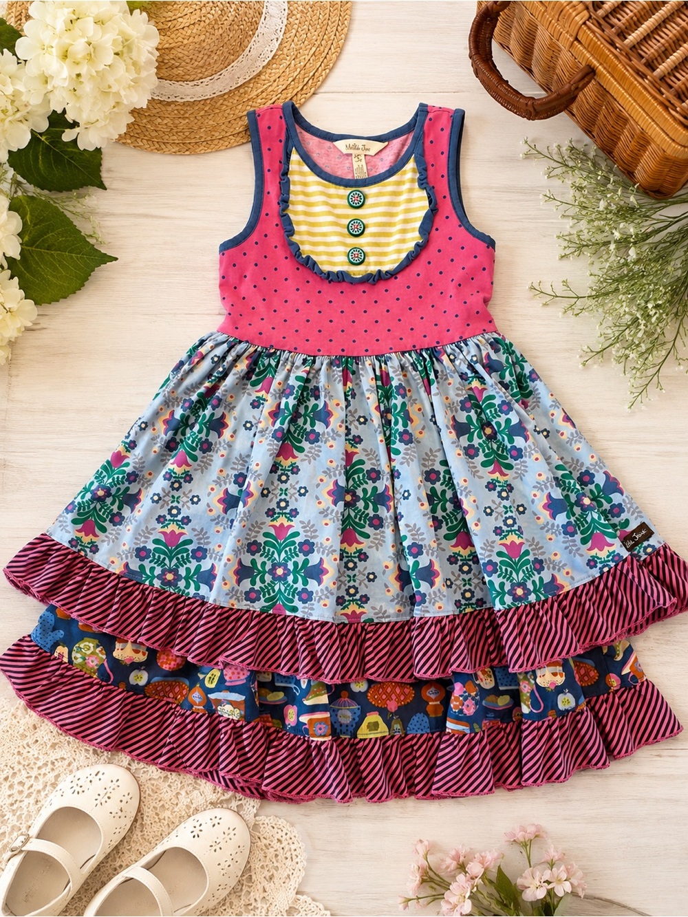 Matilda Jane Pink Polka & Blue Floral Tiered Dress